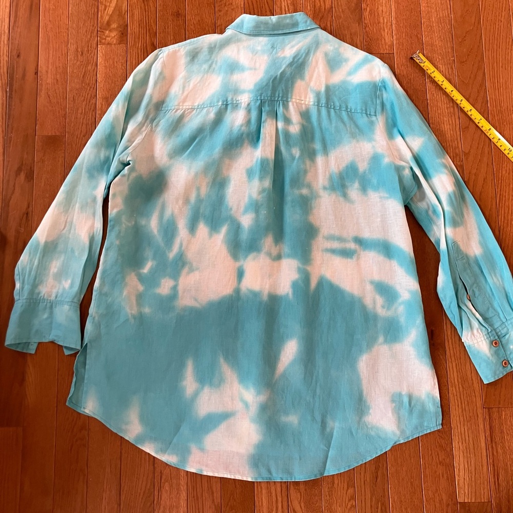 Tyler Boe Turquoise Blue Tie-Dye Button-Down Linen Shirt L - Picture 5 of 10